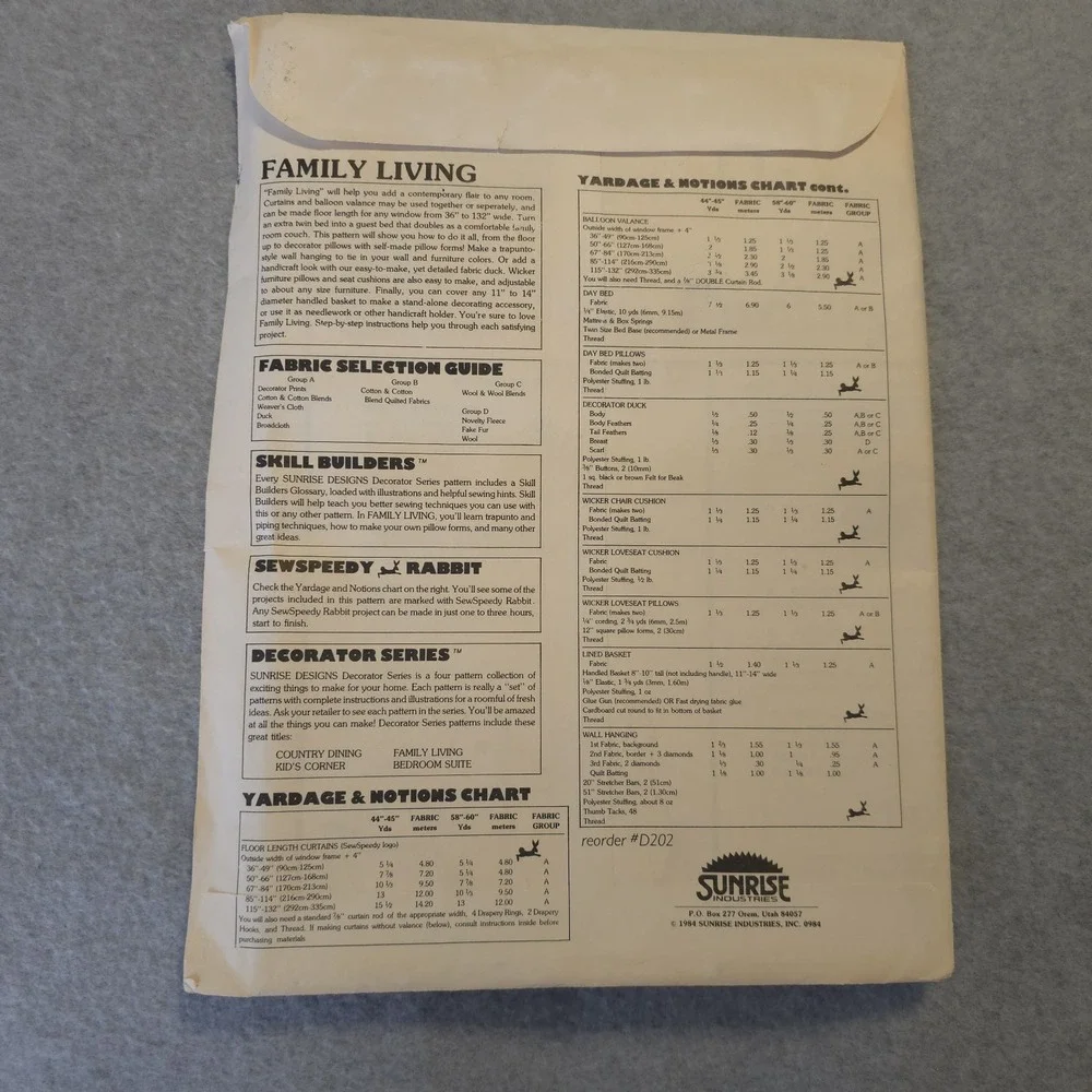 Sunrise Designs Decorator Series Family Living Sewing Pattern UNCUT Vintage